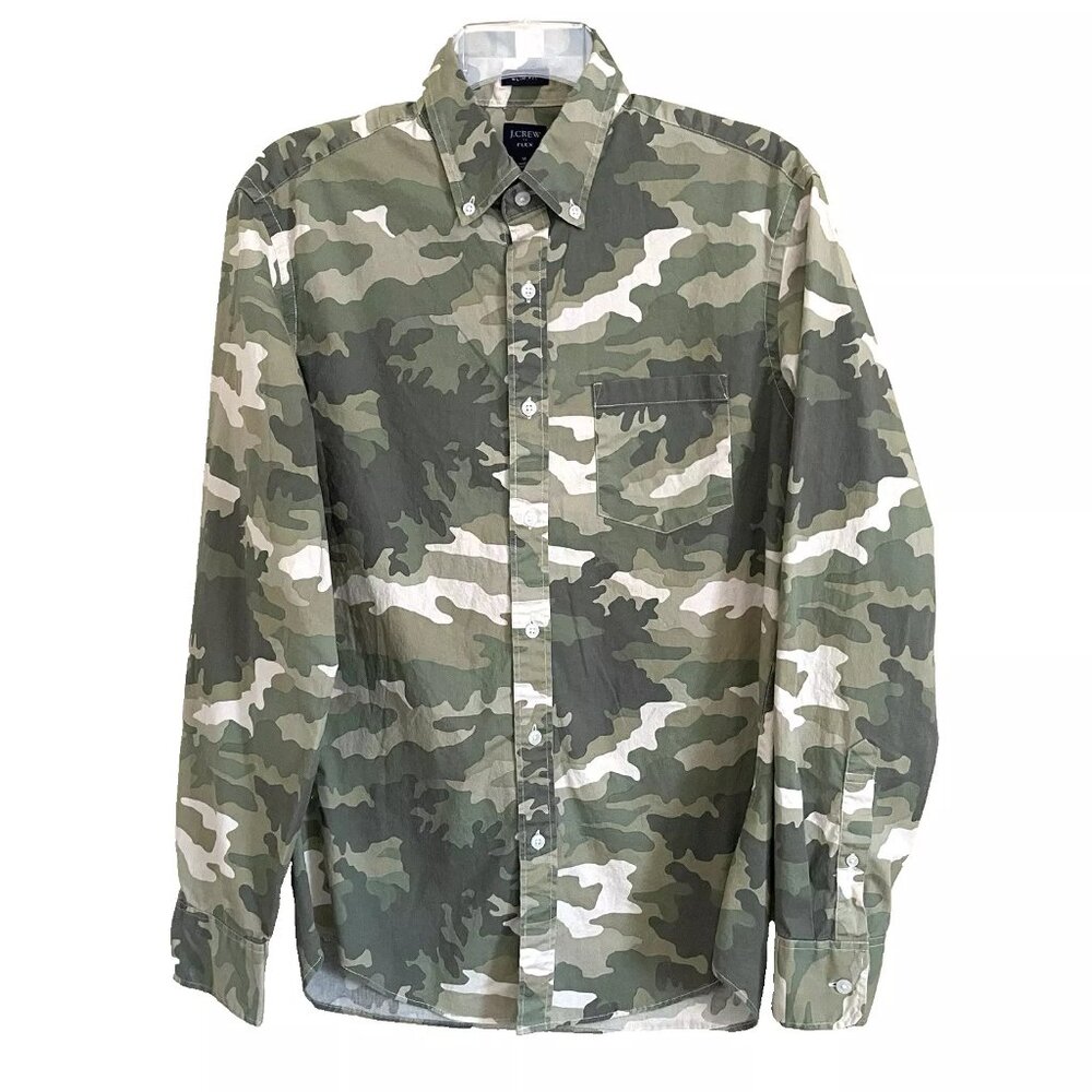 J. Crew Green Camo Flex Shirt Men's Size Medium Slim Fit Stretch Gorpcore